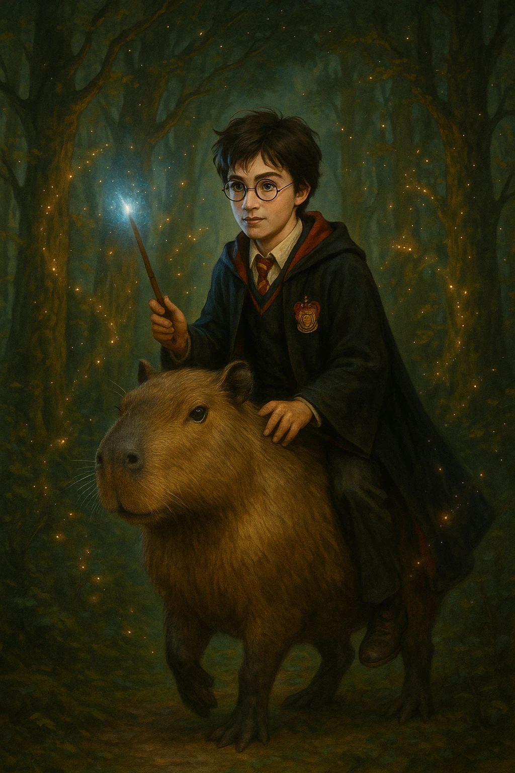 Harry Potter riding a capybara, fantasy illustration, detailed, enchanting atmosphere emoji