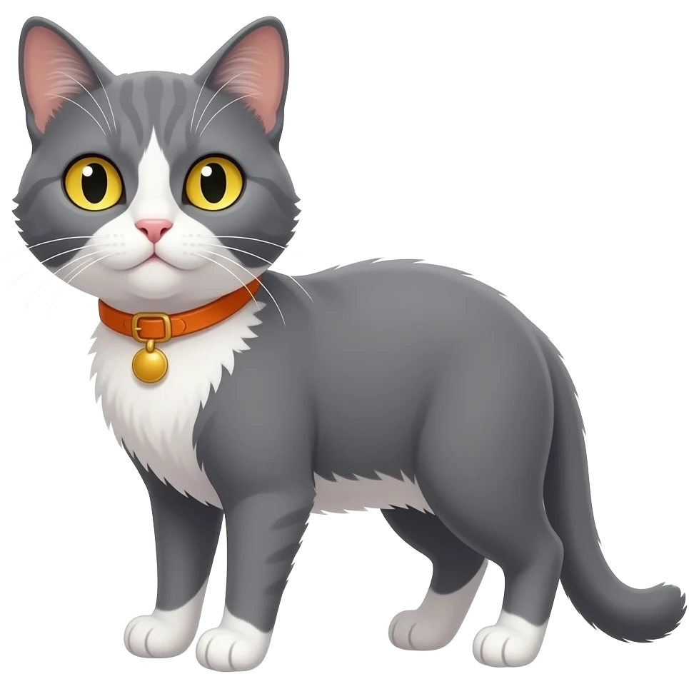 Gato con cabeza medio grande, delgado, de pelaje color plomo con la parte del pecho patas y hocico de color blanco, con collar anaranjado, color de ojos amarillo, con mucho pelaje emoji