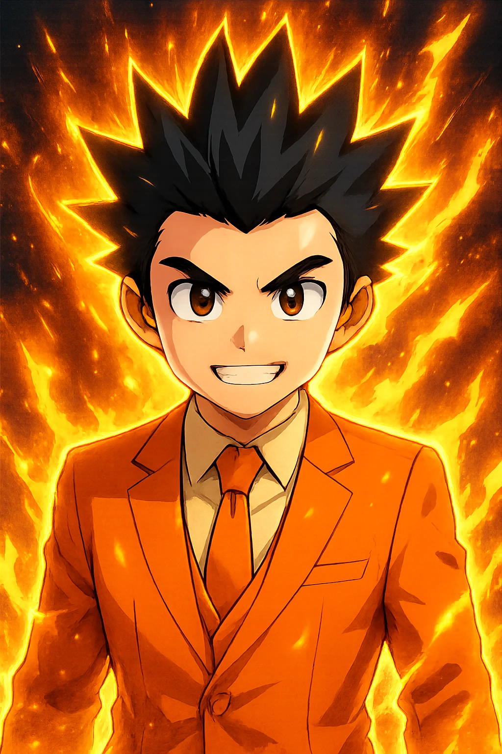 Add a glowing power-up aura around the determined anime character with spiky black hair. Keep the background transparent. The style should resemble a vibrant anime illustration with dynamic glowing effects around the character's hair and body. emoji