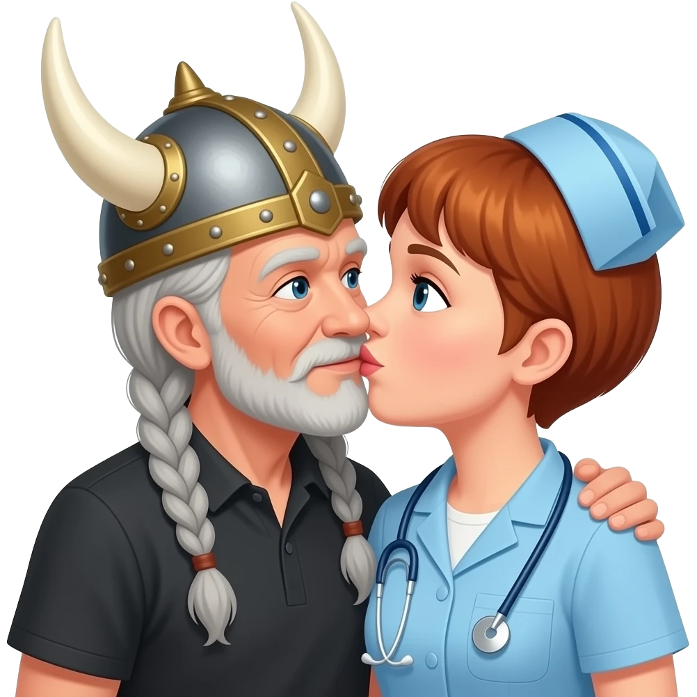 Viking helmet opera singer older woman with gray braids kissing older shortest auburn hair nurse female couple emoji