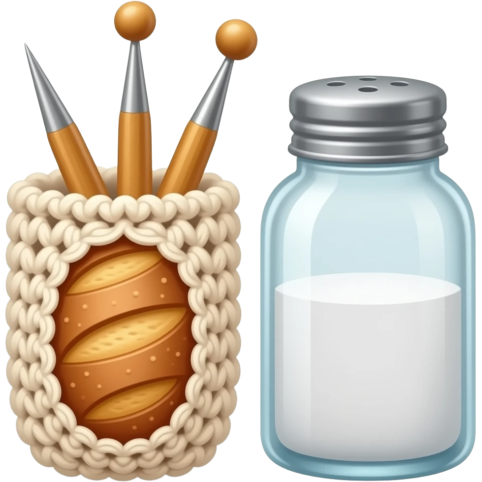 a small cut-out peasant bread wrapped in crocheted fabric with crochet needles sticking out, next to which stands a large glass salt shaker emoji