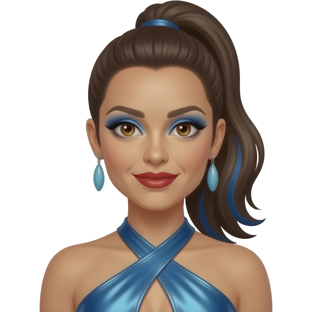 Melanie C from Spice Girls with hazel eyes, long dark brown high ponytail hair with indigo highlights, blue eyeshadow, red lipstick, blue metallic halter dress, light blue earrings emoji