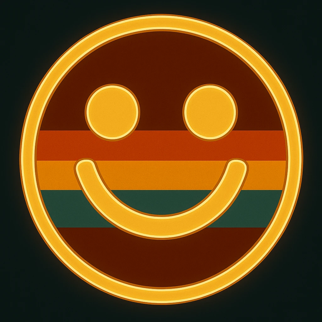 Create an image using the retro 80's color palette from the second image, but with the style and layout of the first image: a bold smiley face with glowing neon outlines, horizontal color stripes, and a clean, digital look. No vintage texture. emoji