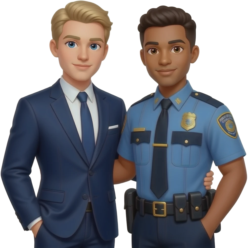 Make a young gay couple on a Date , one has light Skin with Blond Hair and Blue Eyes, the other one has slightly brown skin witz dark Brown Hair and Brown Eyes. The blond one is dressed as a banker, the brown one is dressed as a police officer. emoji