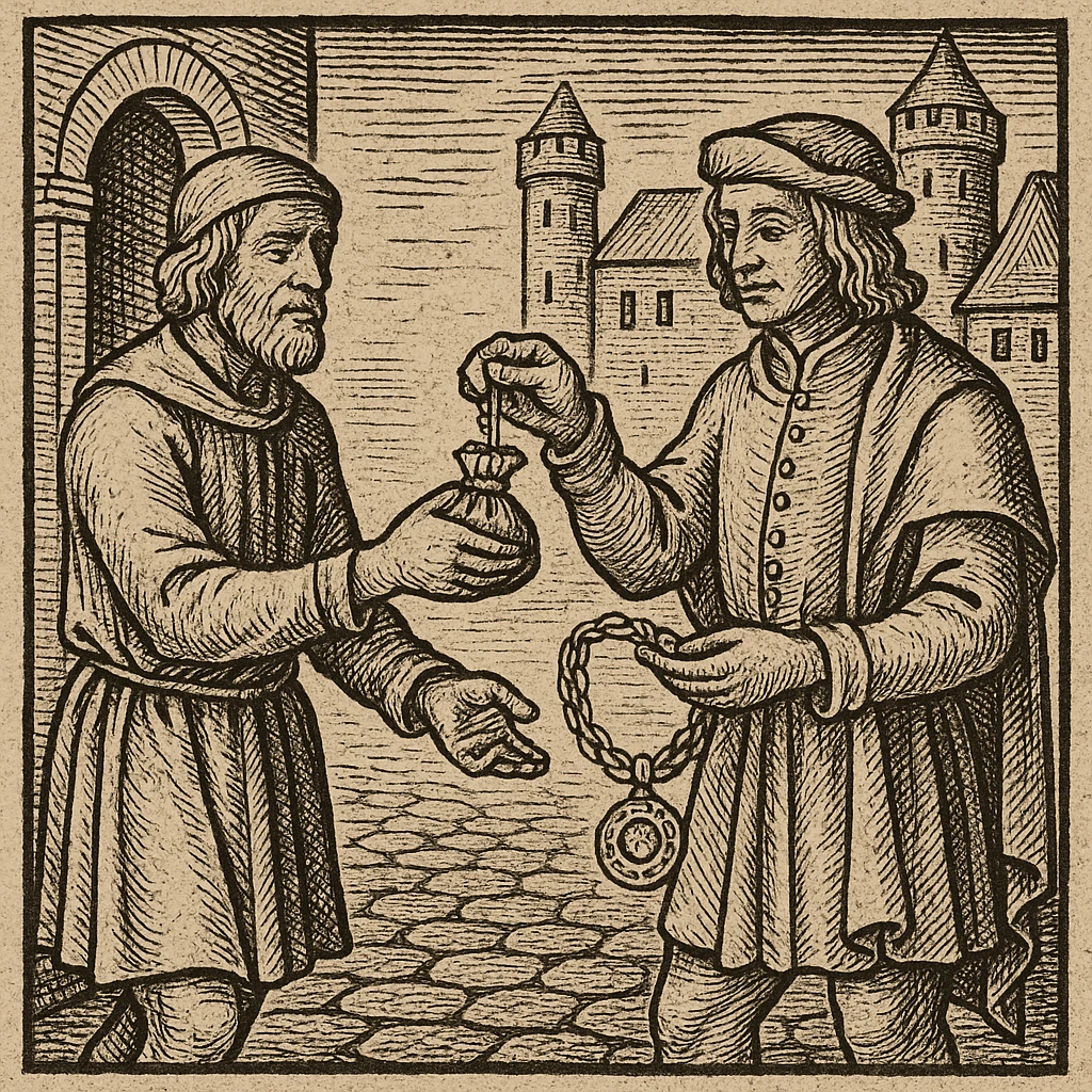 Сгенерируй мне гравюру, как в средневековье один мужчина дает другому мешочек, а другой украшение другому, они торгуют emoji