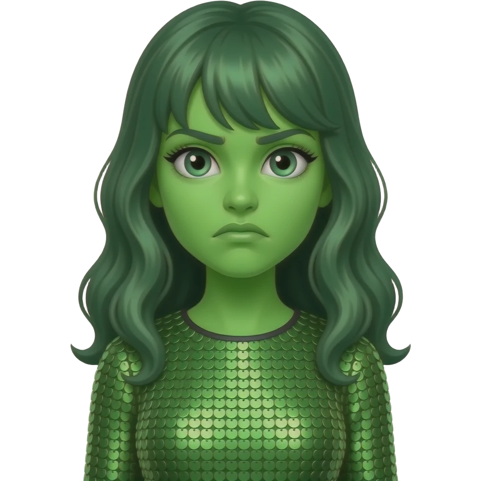 GREEN SKIN, HAIR AND EYES GIRL DRESSING IN A FASHIONATED DRESS WITH GREEN BRIGHT SEQUINS POSING WITH A DISGUSTED FACE LIKE I DON'T CARE emoji