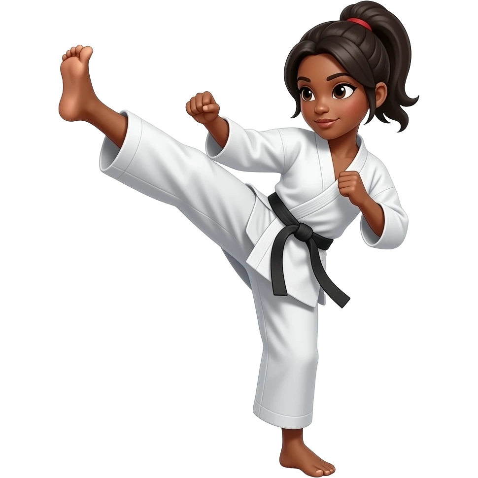 Brown skin woman black hair doing karate kicking emoji