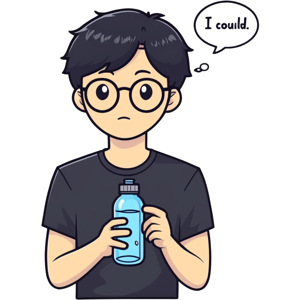 asian guy with glasses, kpop middle-part black hair, wearing a black t-shirt, holding an empty water bottle, thought bubble saying “i could” emoji