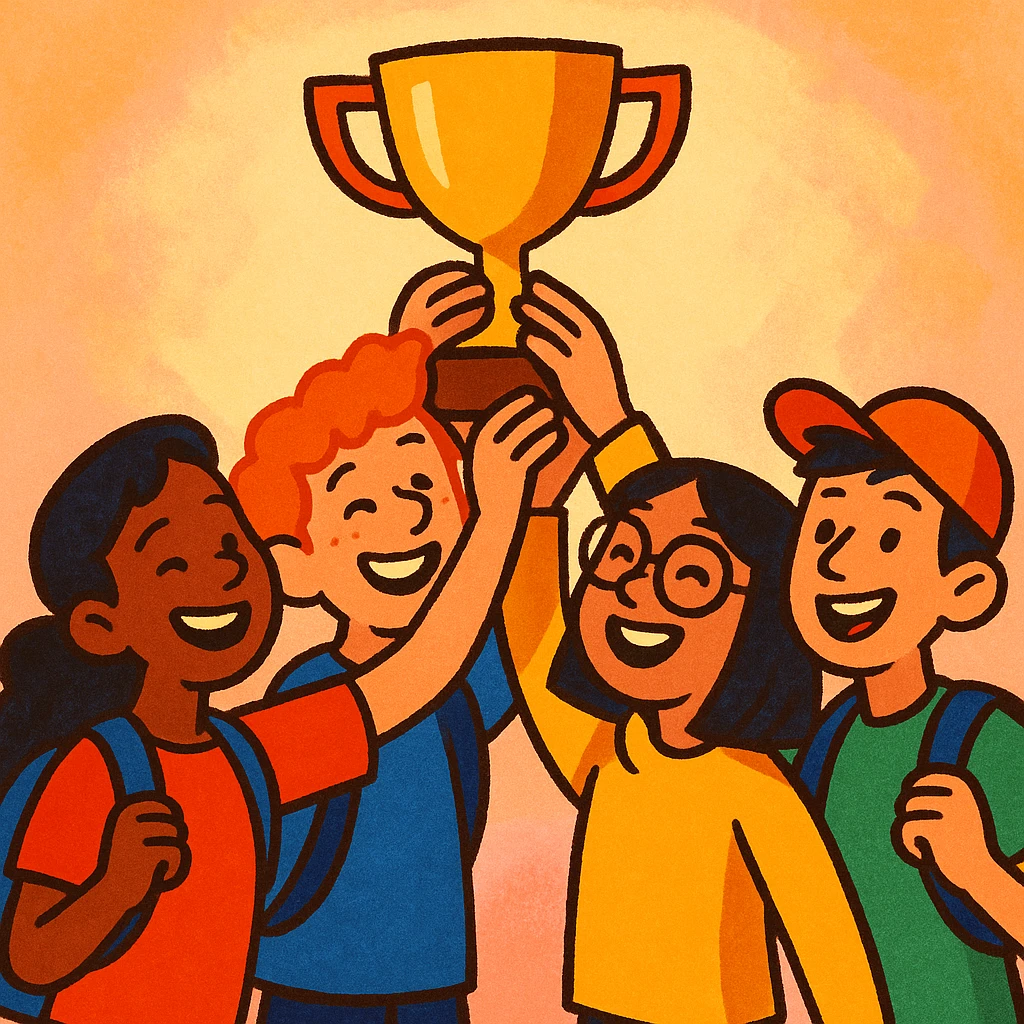 four diverse students in a warm atmosphere lifting a trophy together, expressive illustration style, soft background, happy faces, warm colors emoji