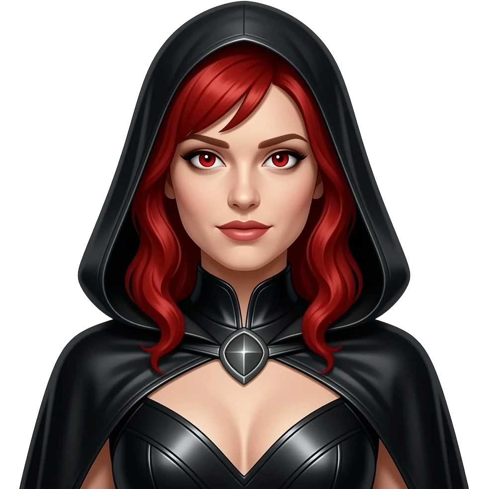 Sarah Blane from Horror Film Heroes and Villains with white and red eyes, medium red hair, black metallic caftan dress emoji