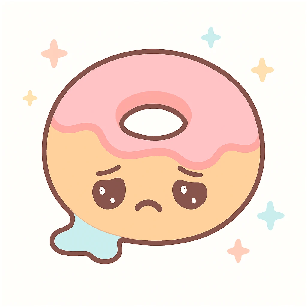 a donut with white creme leaking out, tired face, kawaii style emoji