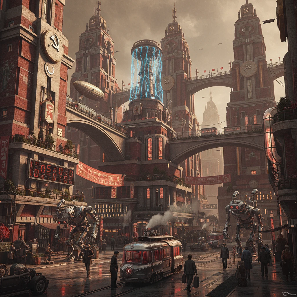 Советский умный-город. Ретро-киберпанк в стиле Atomic Heart.

Но без современных технологий, а в 1920 году.

Стиль фотореализм emoji