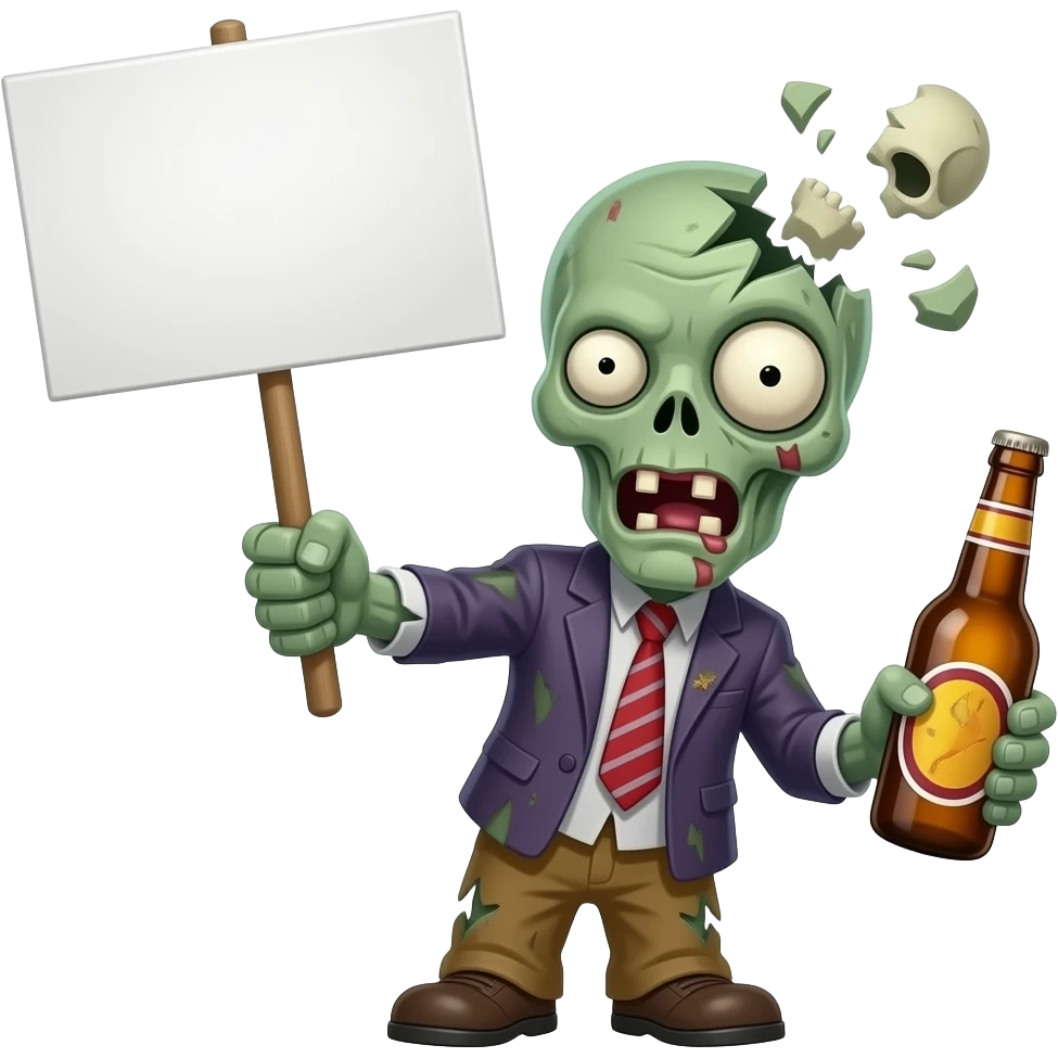 зомбі тримає  білу табличку в правій руці, а пляшку пива в лівій, череп розбитий в нього випадають міски emoji