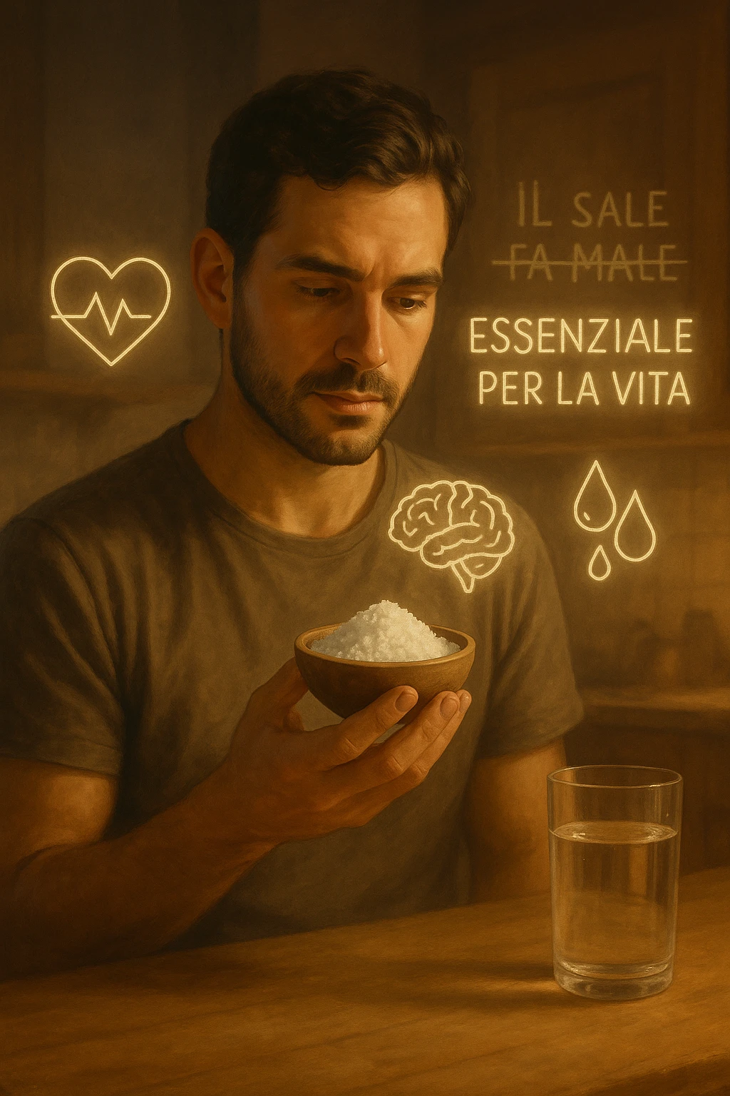 A realistic, cinematic illustration of a man in his early 30s holding a small bowl of unrefined sea salt in his hand, looking at it with awareness and respect. Around him, glowing minimalistic symbols of a beating heart, a brain, and hydrated cells appear, indicating the essential role of sodium in hydration, nerve conduction, and overall cellular health. In the background, faint text or floating words show the false myths: ‘Il sale fa male’, crossed out gently, while the phrase ‘Essenziale per la vita’ glows softly. The setting is a warm, softly lit kitchen with a glass of water nearby, emphasizing balance. The color palette is warm, natural, and calming, emphasizing that salt, when used consciously, is vital for human health, against common misconceptions demonizing it. emoji