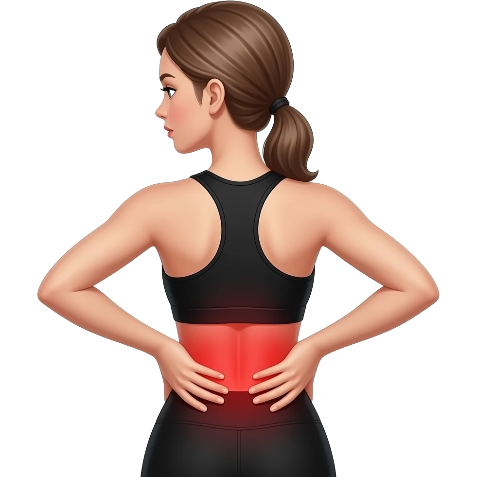 back pain, full red glow covering the entire back, woman with hands on lower back, fair-skinned woman, gray-blue eyes, ash brown brows, ash light brown hair tied back, slim athletic body, black workout set emoji
