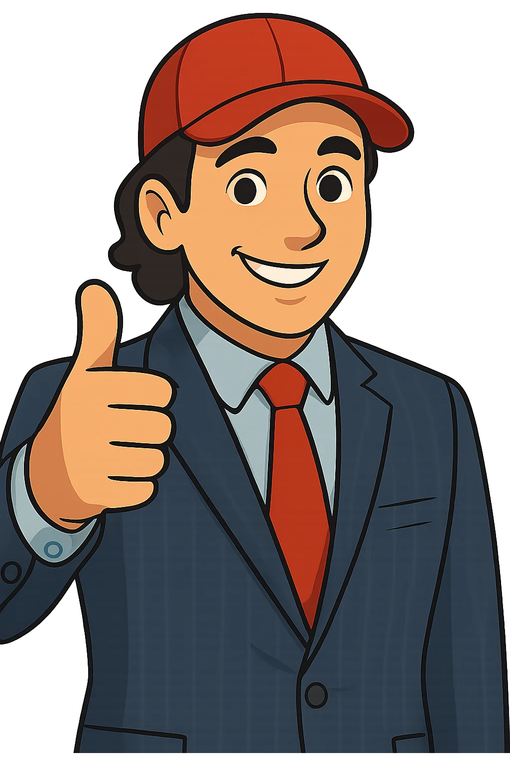 Edit the image of a smiling man in a pinstripe suit and red cap giving a thumbs up. Change the style to about 30% realistic, more stylized and less realistic, with a white skin tone. Keep the transparent background. emoji