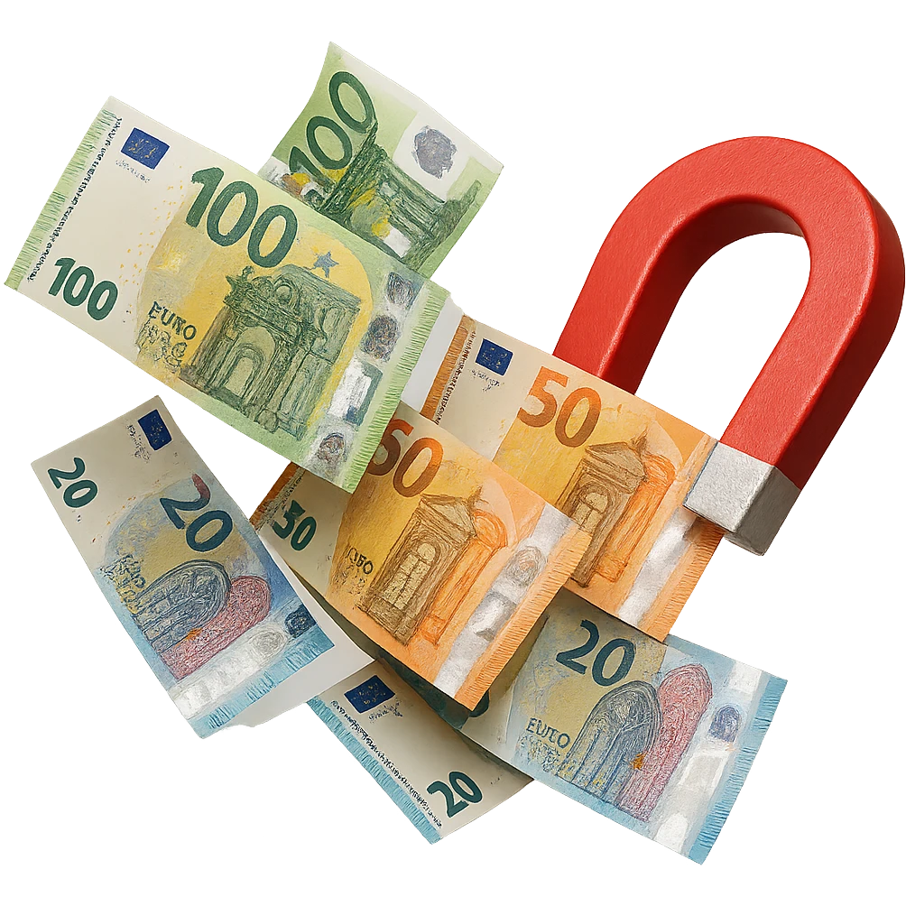 banconote di euro fluttuano vicino ad una calamita rossa, sono attratte, iperrealistico 4k emoji