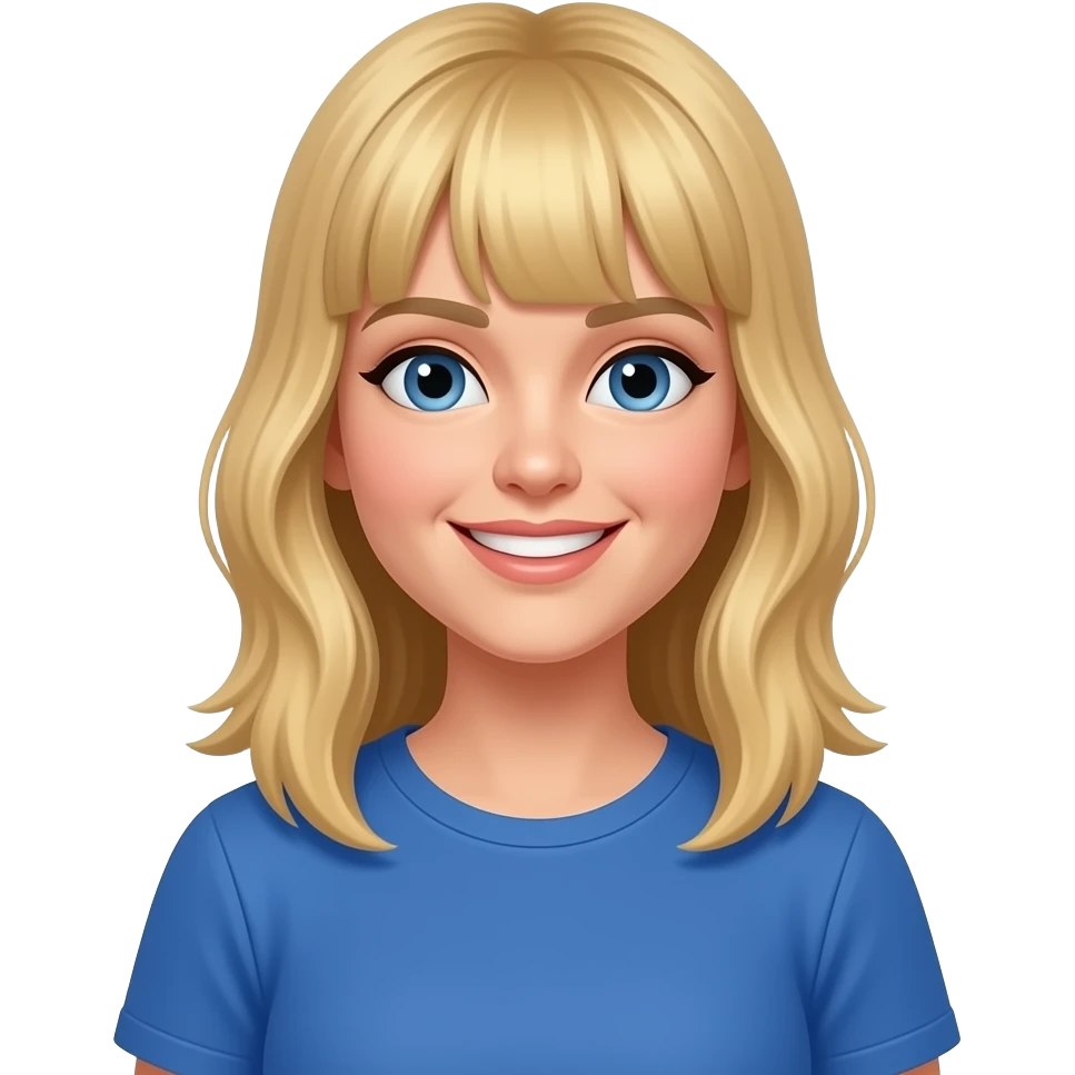 30 year old blond woman with bangs and blue t-shirt emoji