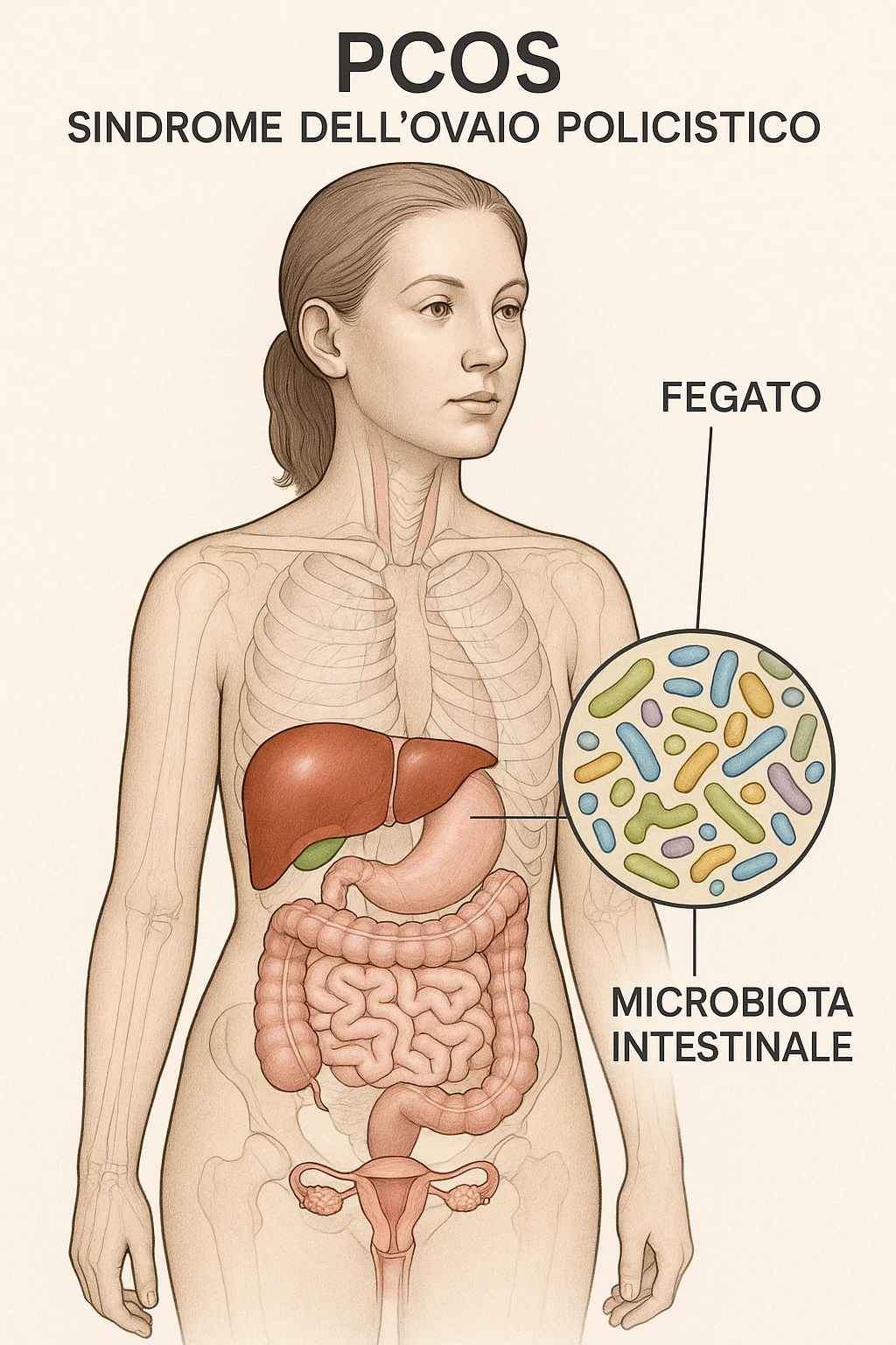 donna con supporto fegato e microbiota in 3D immagine medica donna pcos in italiano  emoji