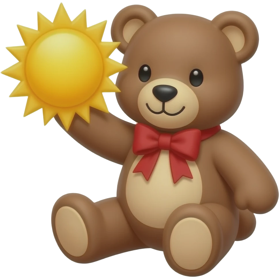 teddy bear with red bow holding the sun emoji