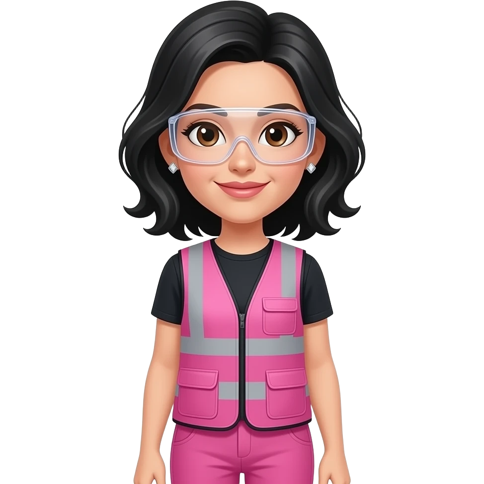 White women with brown eyes with shoulder length black wavy hair wearing diamond earrings wearing pink and clear safety glasses wearing a pink construction vest wearing pink pants emoji