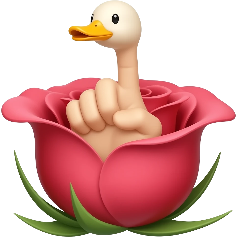 A hand in a silent duck bill shape rising out of a red rose blossom emoji