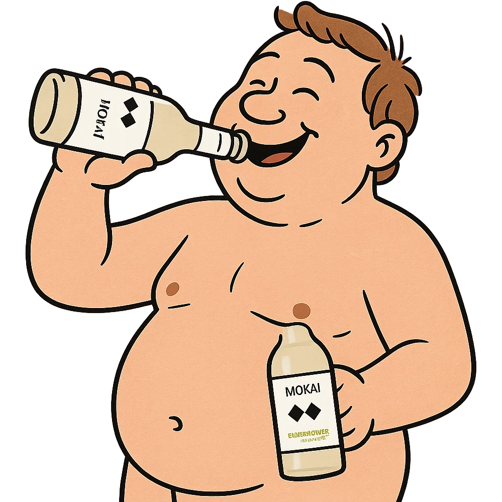 Create a scene with a half-chubby, half-naked man drinking from a Mokai bottle that looks like the reference image. The man should appear happy and relaxed. No background, keep it transparent or minimal. Focus on the bottle resembling the reference and the man's joyful, relaxed expression. emoji