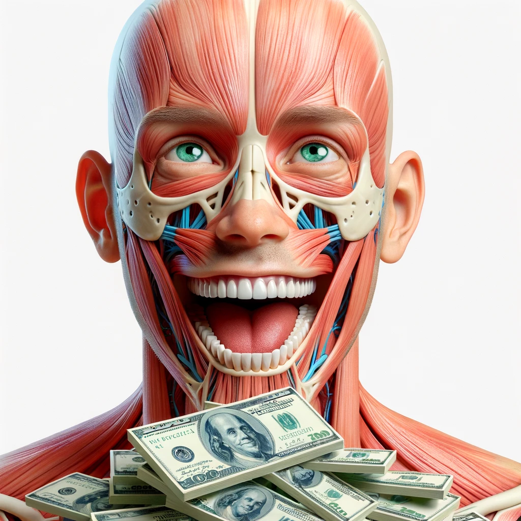 corpo umano anatomico sereno e felice con una montagna di banconote davanti al viso, espressione stupita, iperrealistica 4k, isolato su sfondo bianco emoji