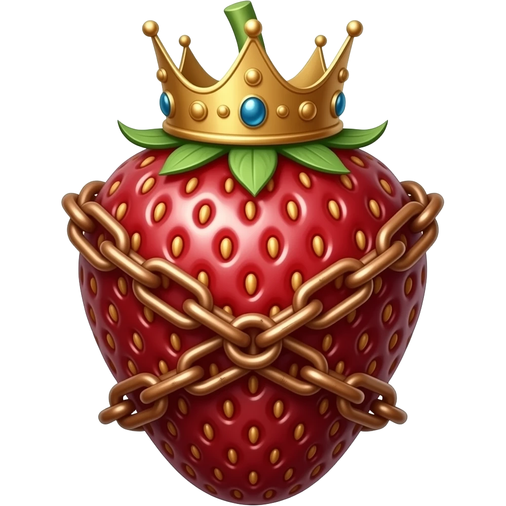a single dark strawberry  that has a royal crown instead of a stem. A crown of thorns and a rusty bronze chain wrapped around the strawberry emoji