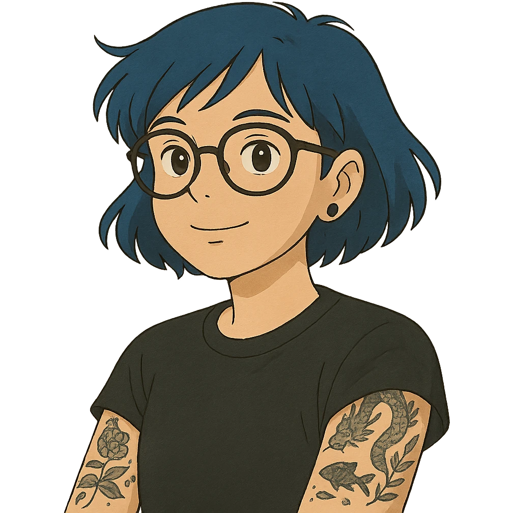ghibli style portrait of a person with blue hair, glasses, and tattoos emoji