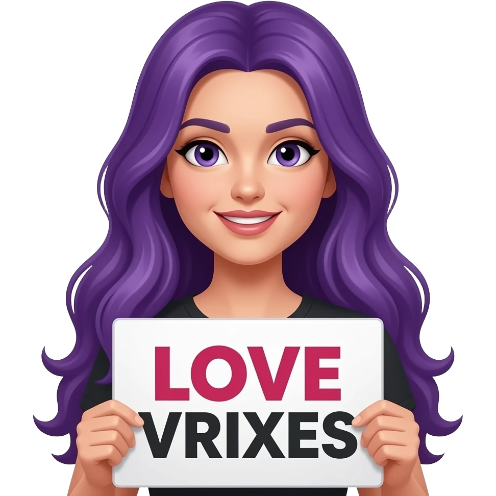 sexy girl with long purple hair holding a LOVE VRIXES sign emoji