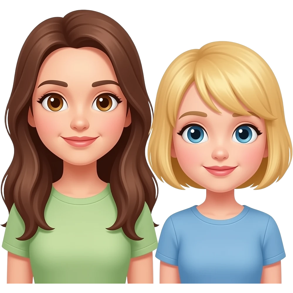 ein mädchen mit braunen langen haaren steht neben einem mädchen das kurze blonde haare hat das mädchen mit den blonden haaren hat keine stirnfransen und ist kleiner als das andere. emoji