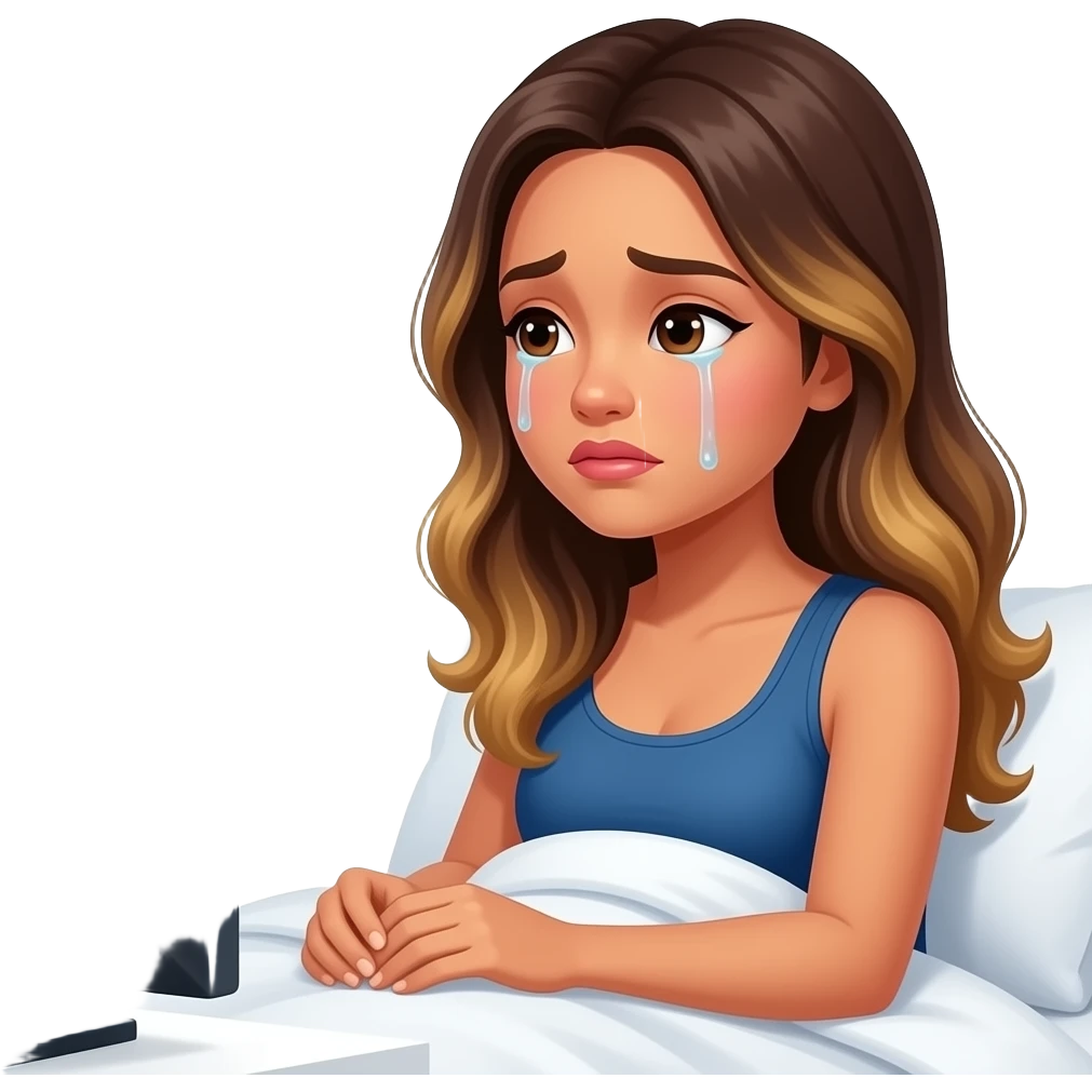 Beautiful Filipino woman beautiful eyes with long wavy hair balayage watching tv in bed crying side view emoji