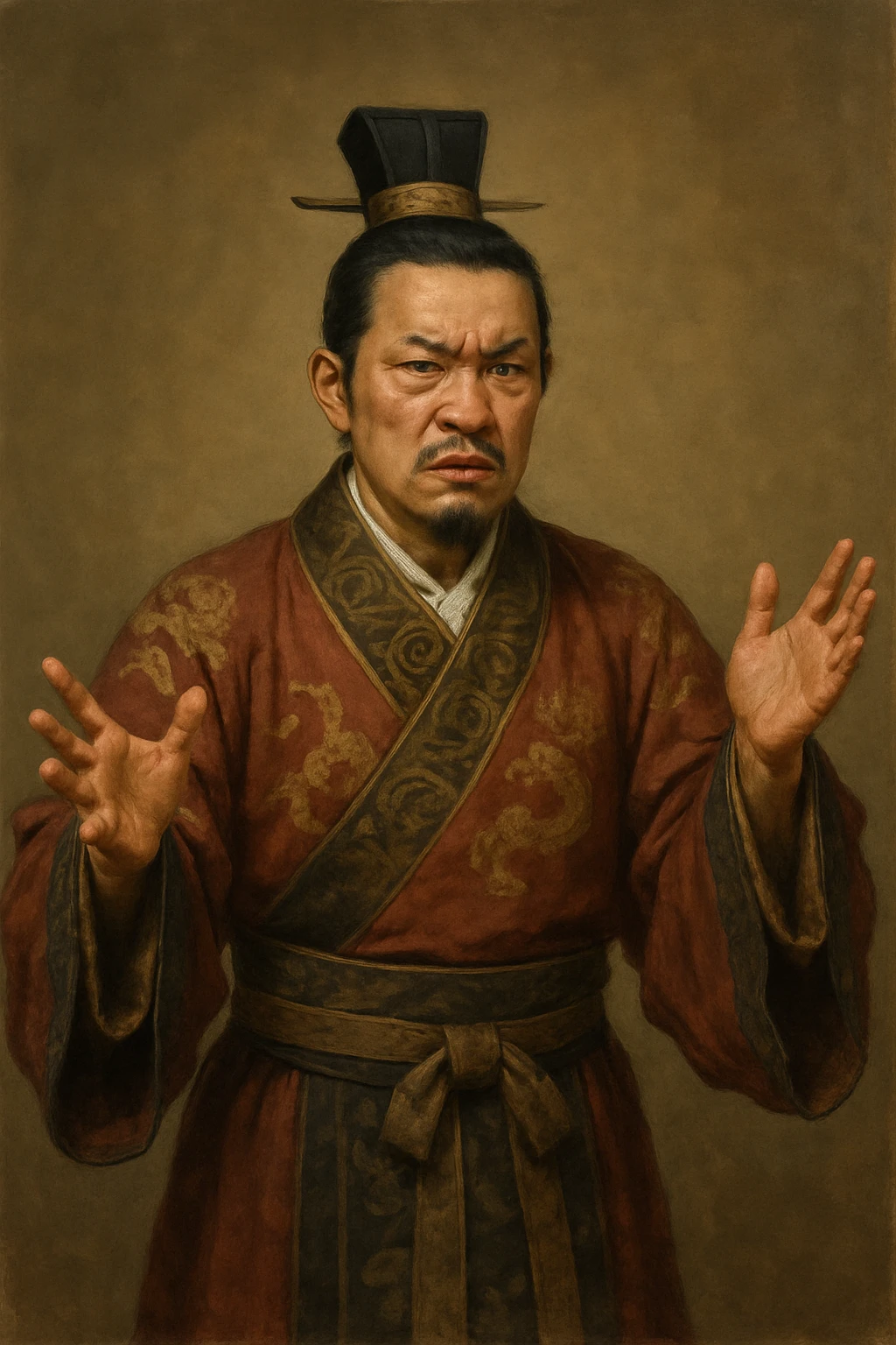 Сгенерируй азиата в национальном средневековым китайском костюме, он чуть недоволен и размахивает руками, в стиле реалистичной живописи. ОН ПОЛНОСТЬЮ ПОМЕЩАЕТСЯ НА ИЗОБРАЖЕНИЯ И НЕ ОБРЕЗАЕТСЯ ЕГО КРАЯМИ. На однородном фоне emoji