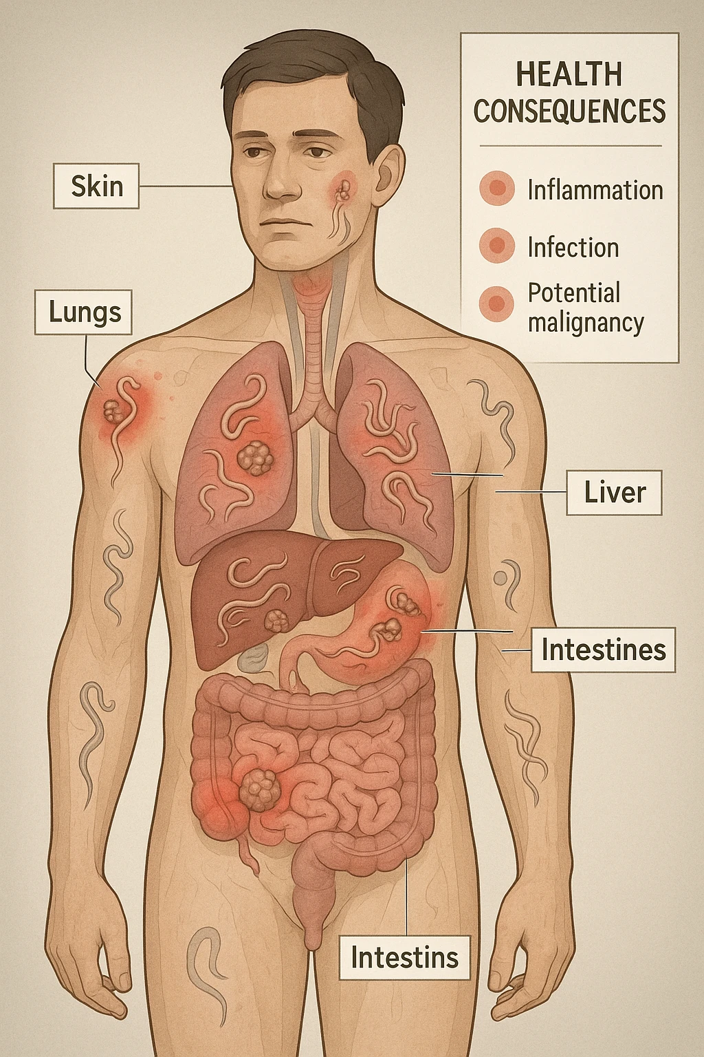 a semi-transparent view of a man’s body reveals numerous parasitic organisms inside his organs and tissues. Some areas are highlighted with red or inflamed zones, and small tumor-like masses are visible where the parasites cluster. The background is clinical and educational, with labels pointing to affected organs and a sidebar showing the health consequences. emoji