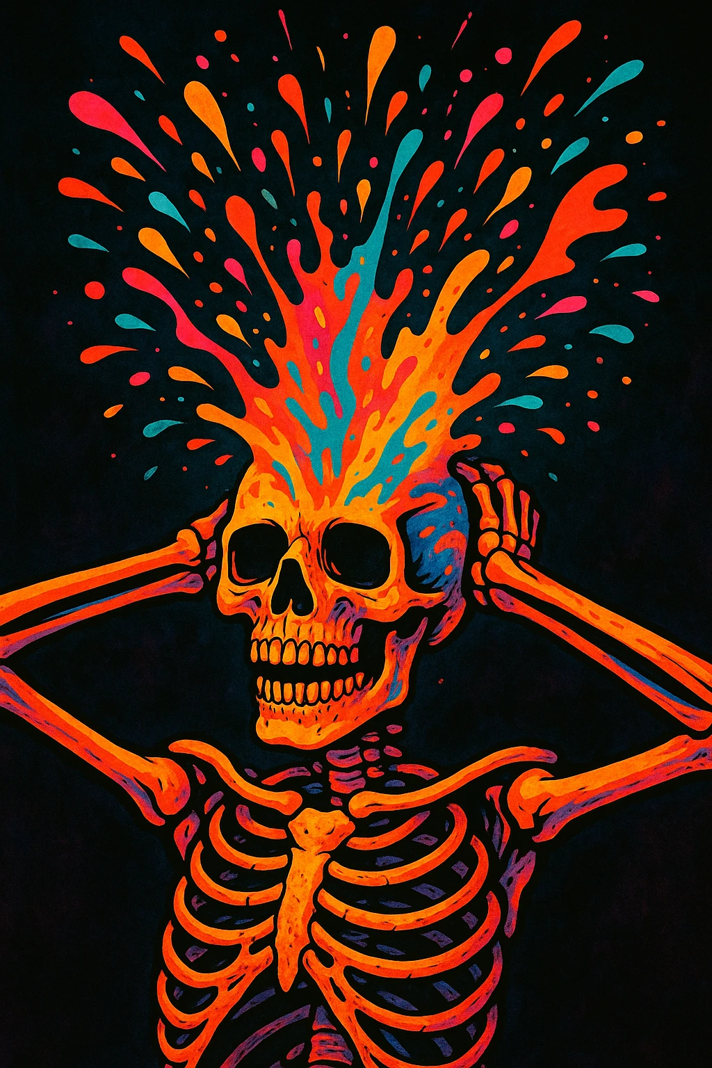 skeleton with hands behind head, head erupting, vivid and eye-catching emoji