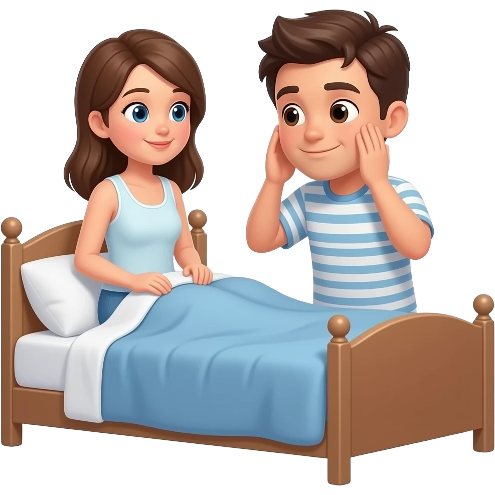 un chico y una chica en una cama donde la chica tiene el pantalon bajado y el chico pone su cara emoji