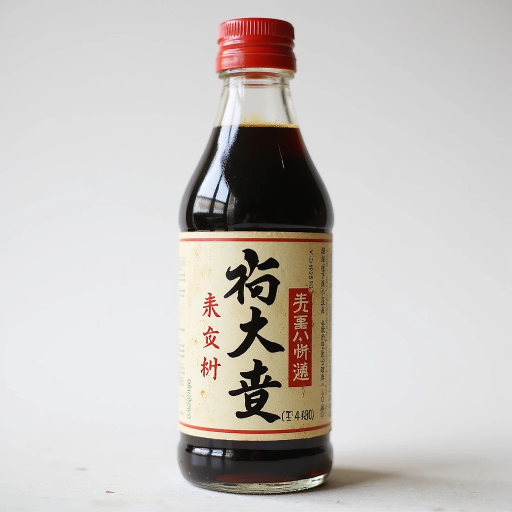 a bottle of Japanese soy sauce, classic glass bottle with red cap, label with Japanese characters, realistic style emoji
