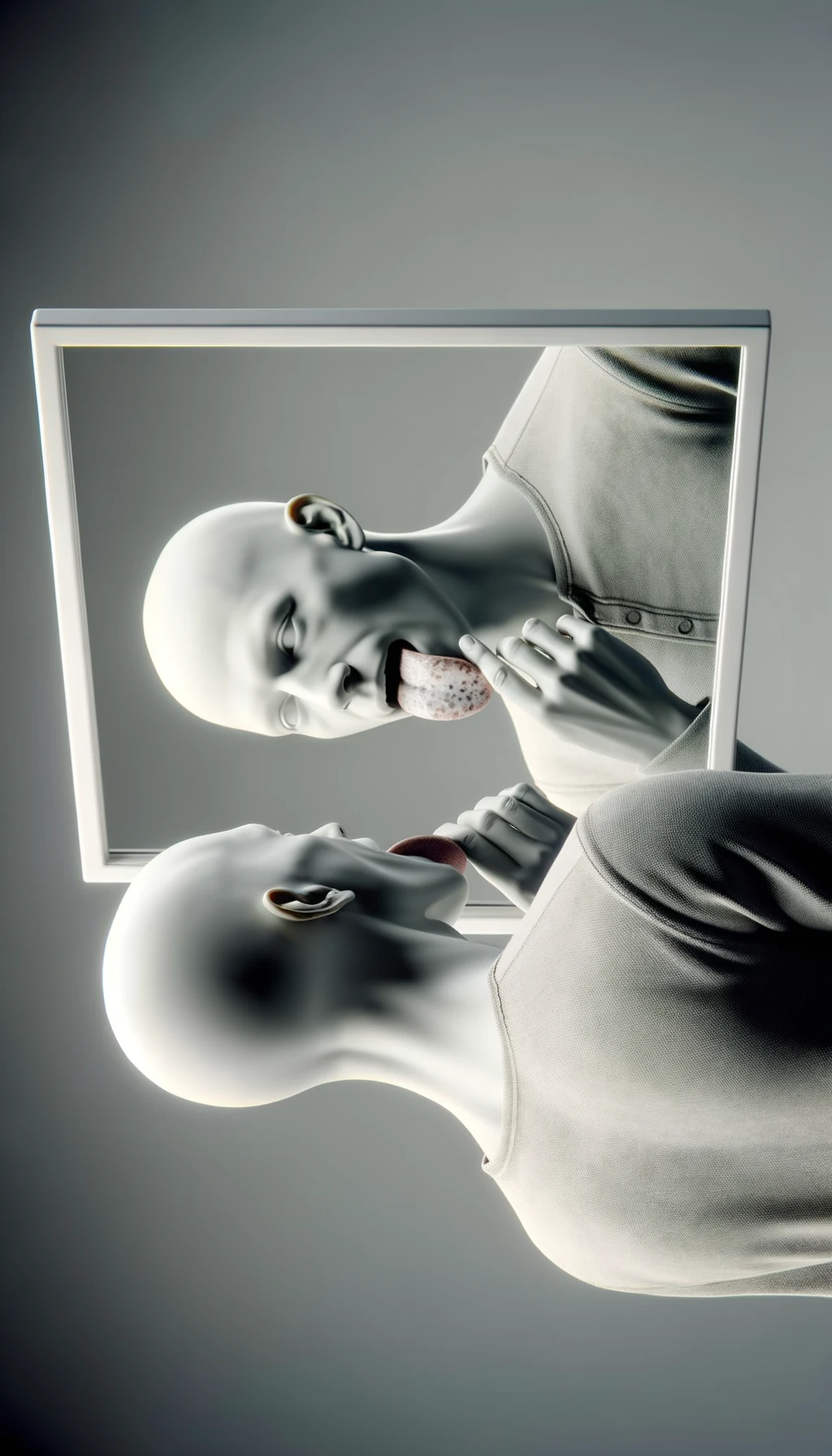 CORPO UMANO ANATOMICO IN PIEDI CHE SI GUARDA LA LINGUA ALLO SPECCHIO , TIENE LA LINGUA FUORI E LA LINGUA è PIENA DI MACCHIE BIANCASTRE, NEUTRAL CLEAR BACKGROUND, iperrealistico 4k emoji