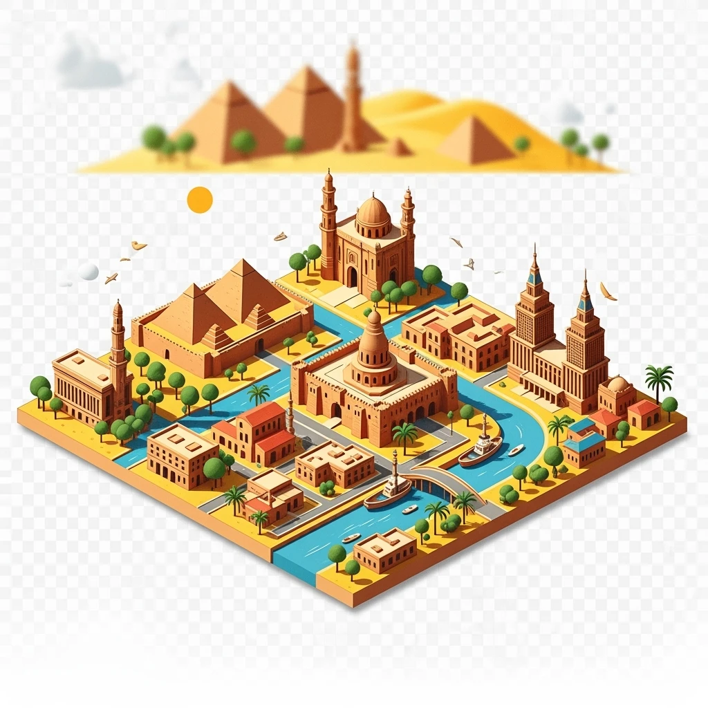 Isometric minimalistic illustration of Cairo, subtle 3D miniature effect and Tilt Shift effect, no cartoonish look, transparent background. emoji