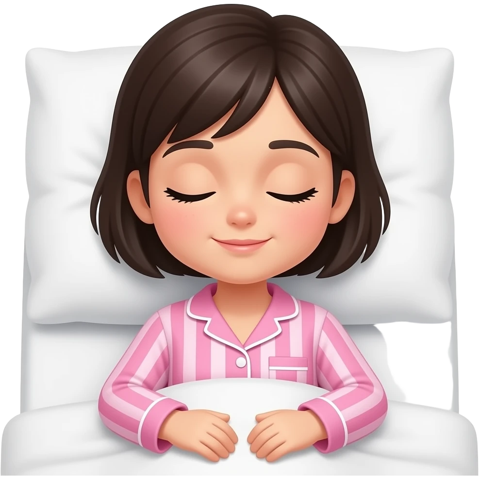chica de cabello oscuro y corto sin accesorios, con una pijama color rosa con rayas, durmiendo acostada en la cama emoji