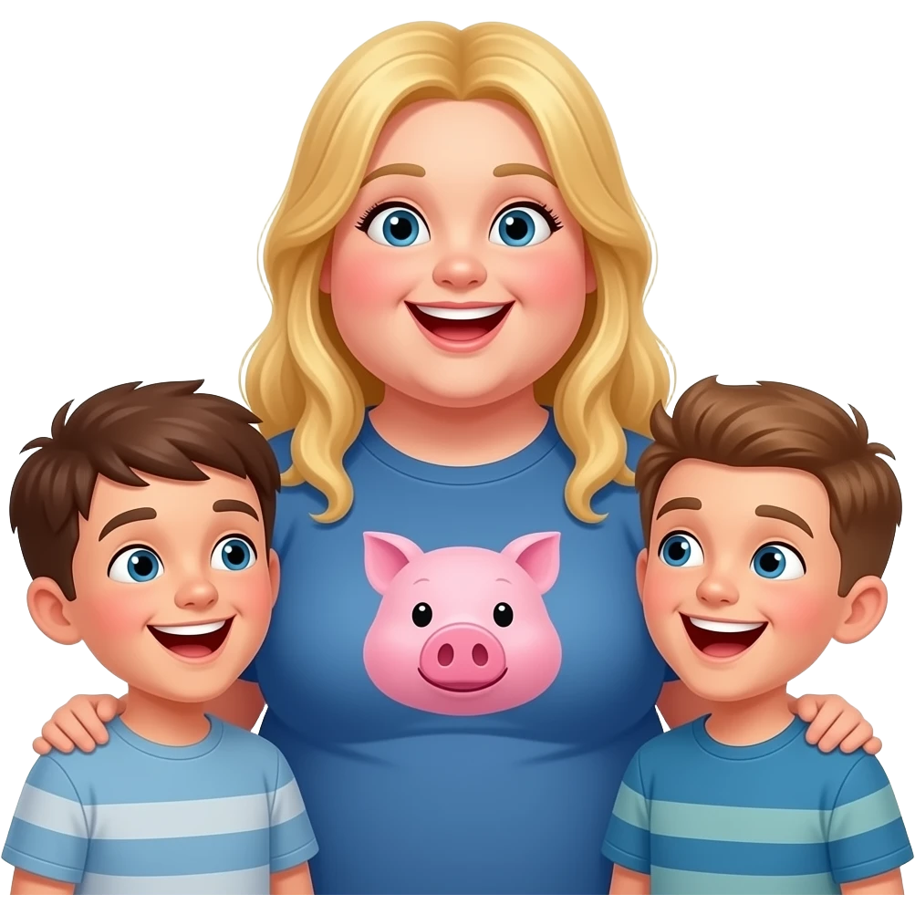 fat girl blonde long hair behind boys laughing at her she has a pig text t shirt emoji