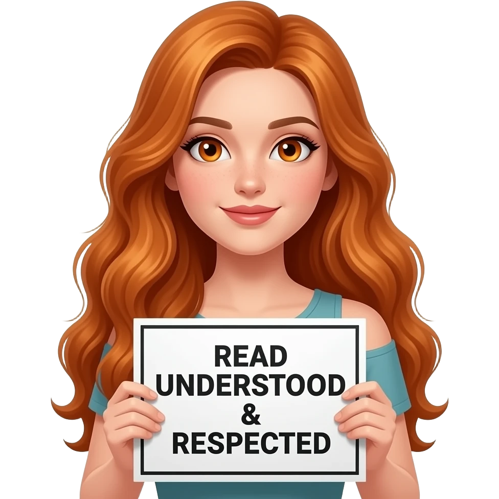 sexy girl with long wavy ginger hair and ginger eyes wearing a top is holding a READ UNDERSTOOD & RESPECTED sign emoji