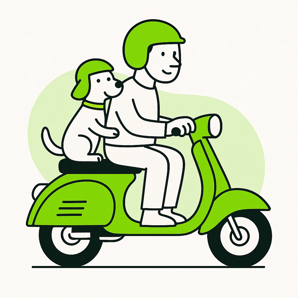 man and his pet dog riding a vespa emoji