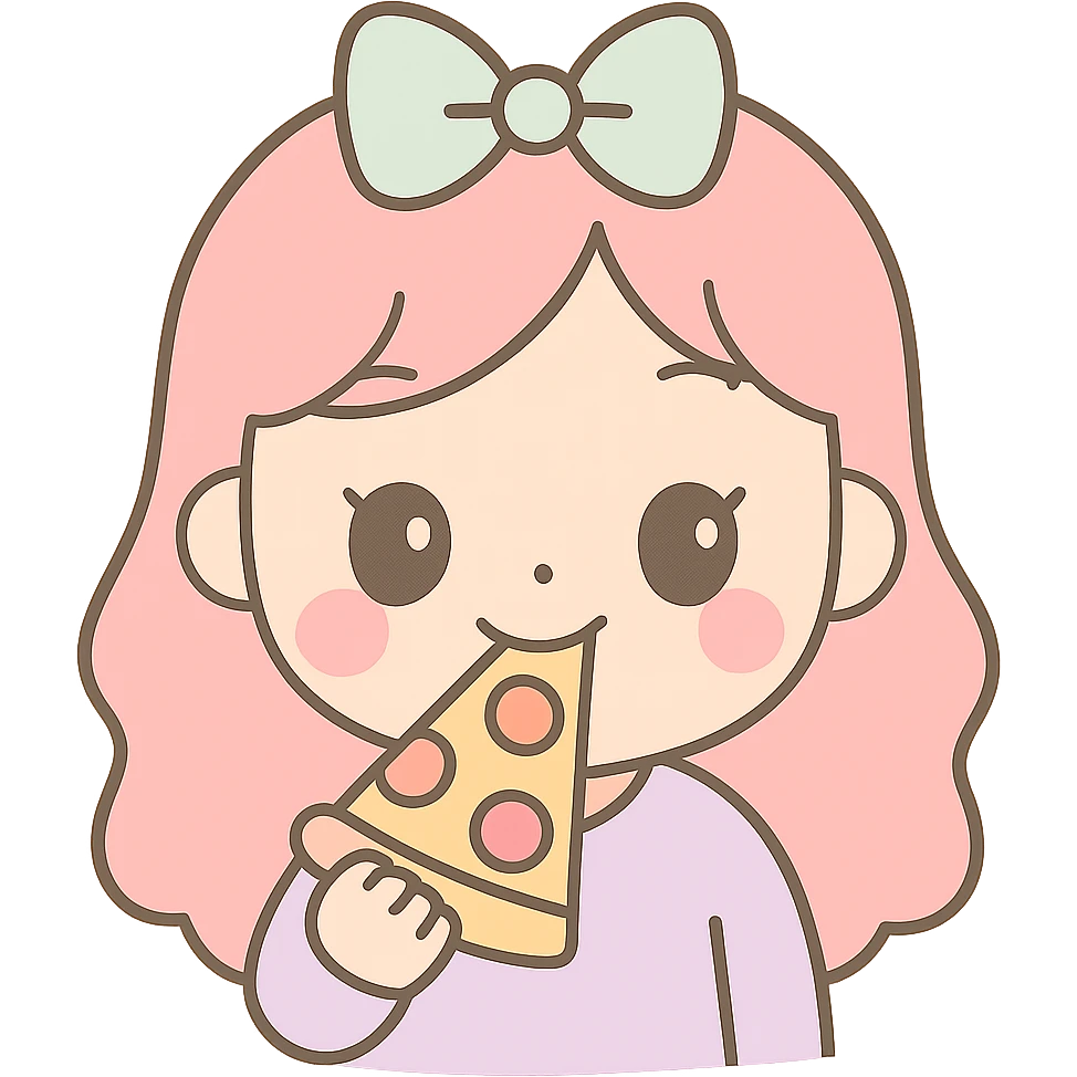 Make the girl eat pizza and look like she is enjoying it, same kawaii chibi anime style, flat pastel colors, thick outlines, simple cute features, transparent background. emoji