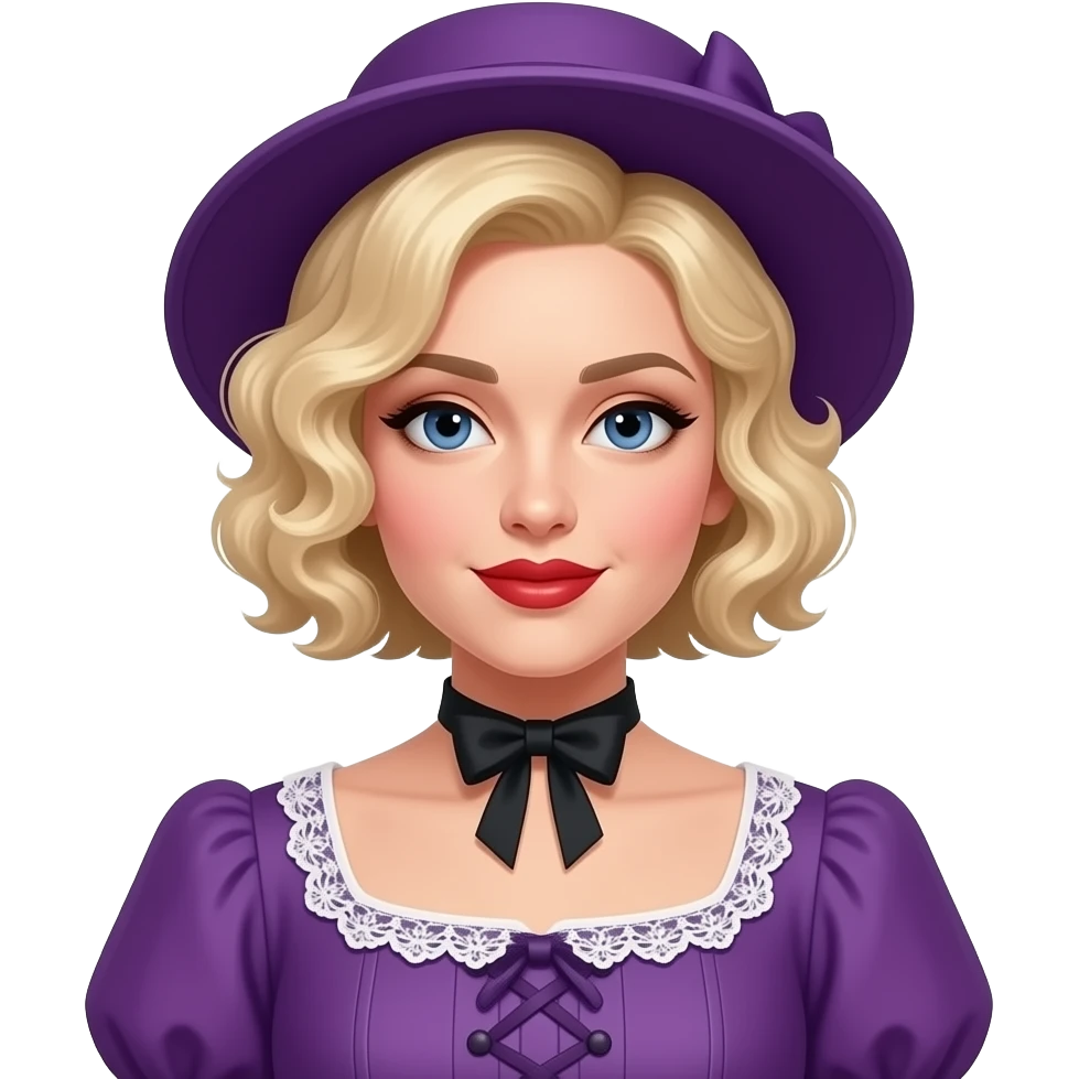 Victorian look with blonde short tight curls bob hair side swept in a purple victorian dress, black choker and purple hat, red lipstick emoji