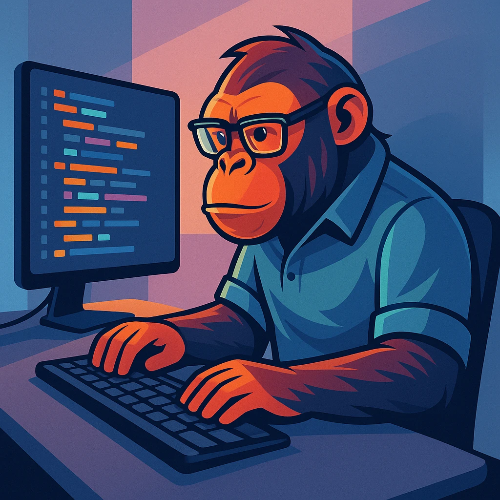 ape facing a computer, looking like a software programmer, modern digital illustration style emoji