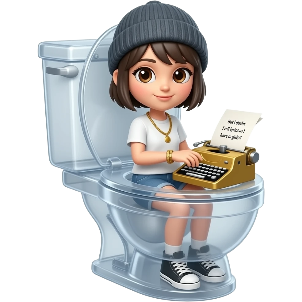 Turbo the 3d sentient toilet made of clear plastic. Inside the toilet tank is a tomgirl with short boyish hair, a beanie, and brown eyes rapping and a golden stenography machine as a necklace. On her paper are the lyrics: "But I doubt I roll lyrics as I have to girls!!"
 emoji
