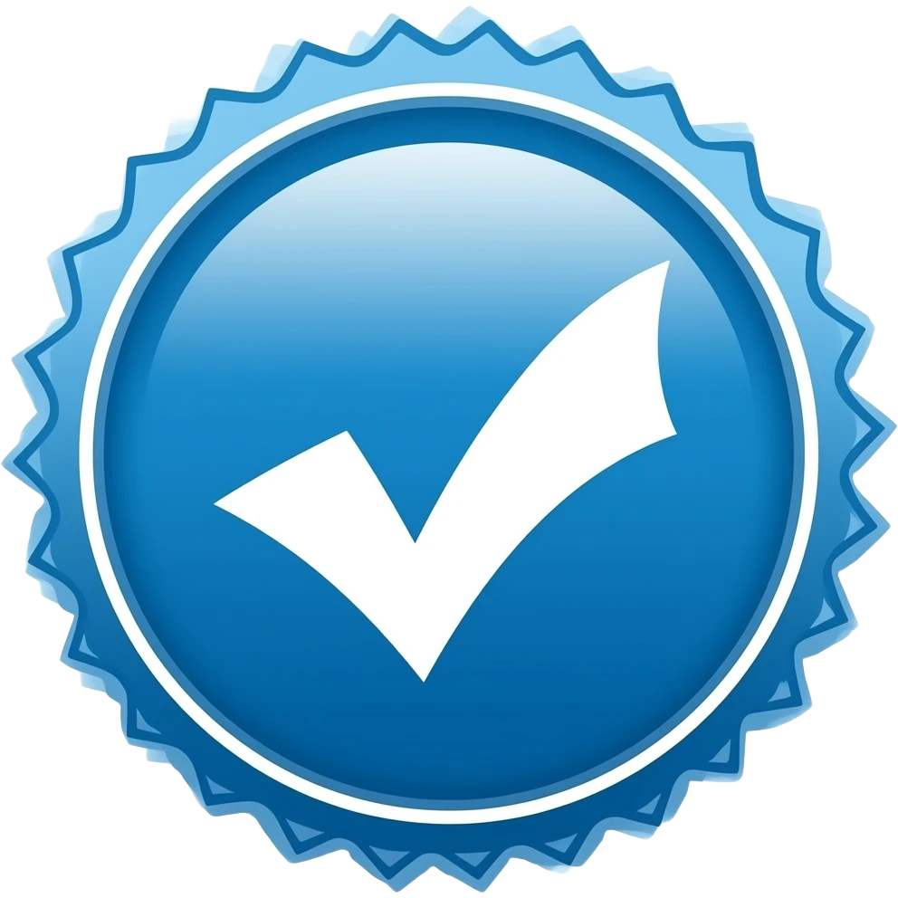 Minimal blue verification badge emoji, white checkmark, in a circle with rough edges , Meta style, transparent background. emoji