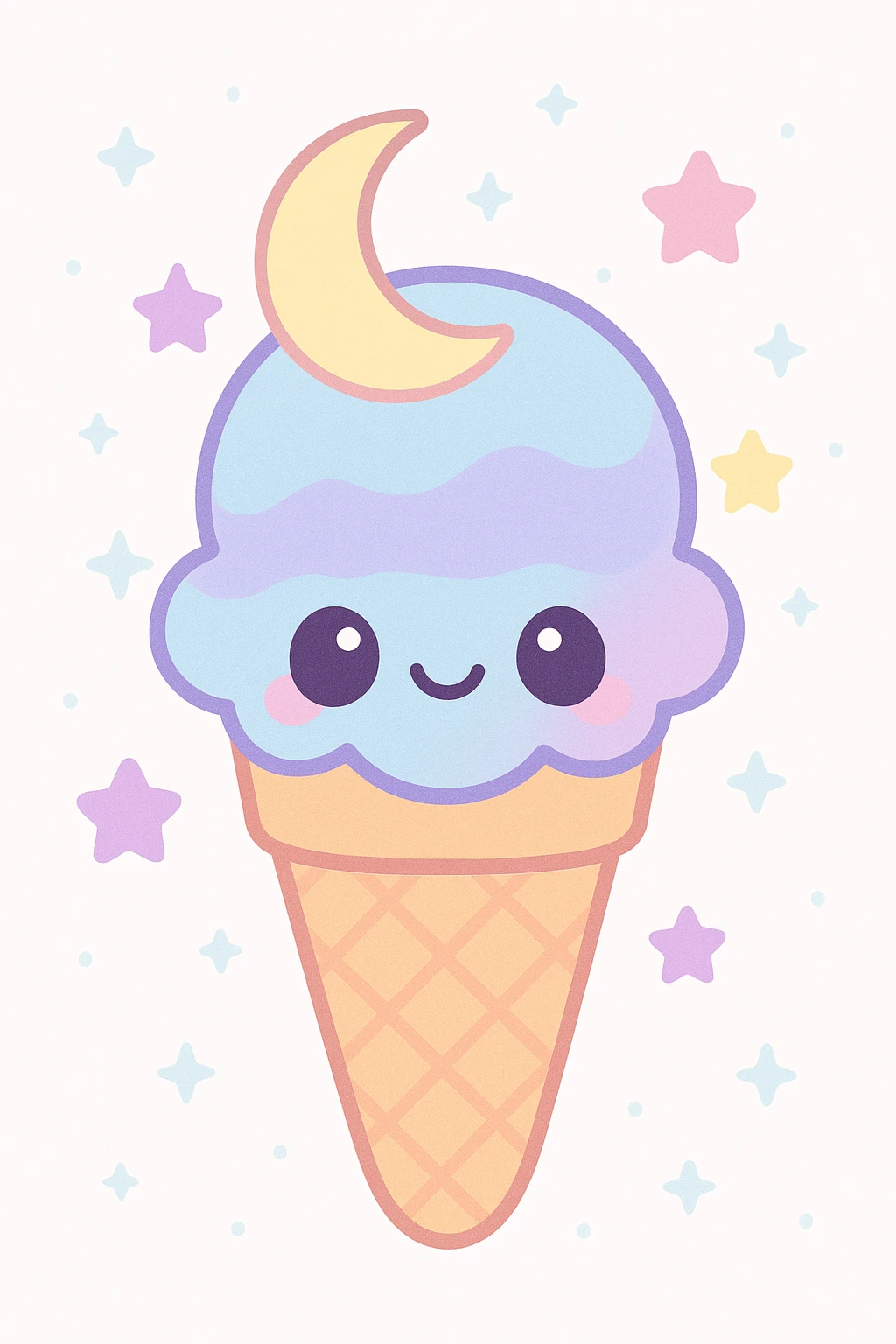 moonbeam ice cream, kawaii style, smiling face, stars, blue and purple hues emoji